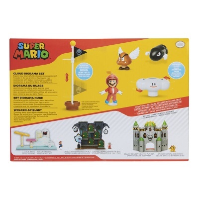 Embalagem do conjunto de diorama Super Mario com figuras e acessórios coloridos