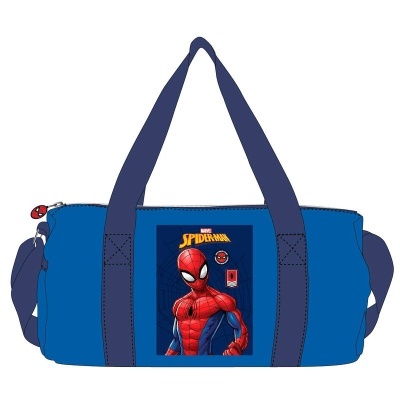 Mala desportiva azul com imagem do Homem-Aranha e detalhes em azul escuro