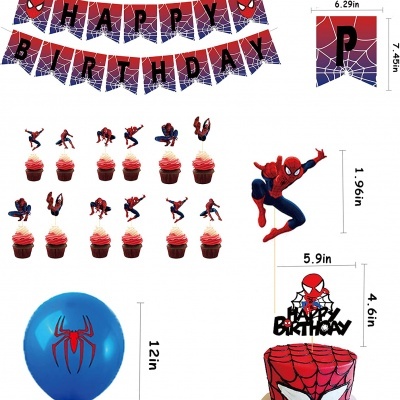 Conjunto de festa Spider-Man com bandeirolas, toppers de cupcake, balão e decoração de bolo