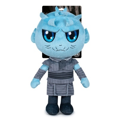Boneco de peluche azul com roupa cinzenta e expressão séria