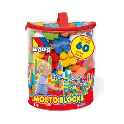 Pacote transparente com blocos de construção coloridos e fecho vermelho da marca MOLTO.