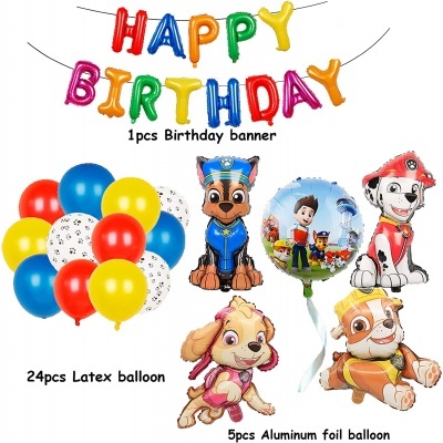 Decoração de aniversário com faixa HAPPY BIRTHDAY, 24 balões de látex coloridos, e 5 balões de alumínio com personagens animados.
