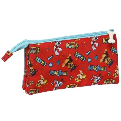 Estojo escolar vermelho com personagens da Patrulha Pata e fecho azul claro