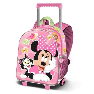 Mala infantil de rodas rosa com imagem da Minnie Mouse e borboletas.