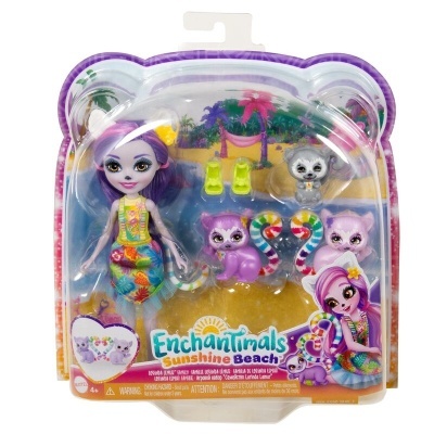 Brinquedo Enchantimals Sunshine Beach com boneca e animais numa embalagem