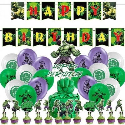 Decoração temática de festa do Hulk com balões, cupcake, bolo e faixa 'HAPPY BIRTHDAY'