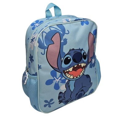 Mochila azul com estampa da personagem Stitch e flores azuis