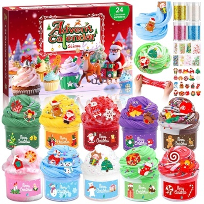 Conjunto de slime de Natal com 12 frascos coloridos e caixa vermelha com texto
