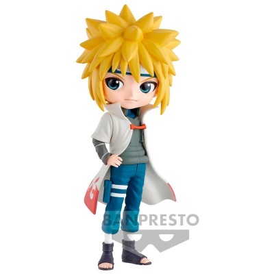 Figura colecionável do personagem Minato Namikaze com cabelo amarelo e roupa azul e branca