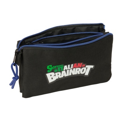 Estojo preto com fechos de correr azuis e texto Skifidol ITALIAN BRAINROT