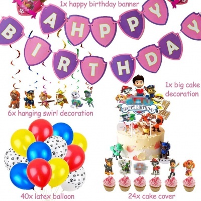 Conjunto festa infantil Paw Patrol com balões, bandeirola feliz aniversário, decoração bolo e coberturas cupcakes