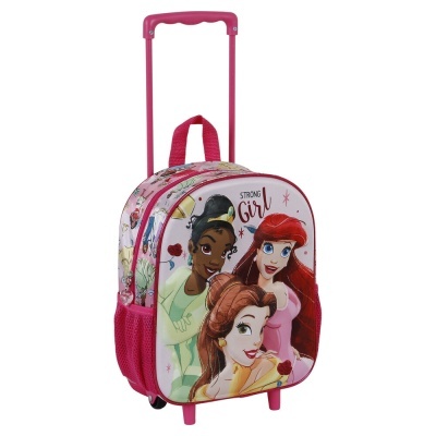 Mala de rodas infantil rosa com princesas Disney e texto 'STRONG Girl'.