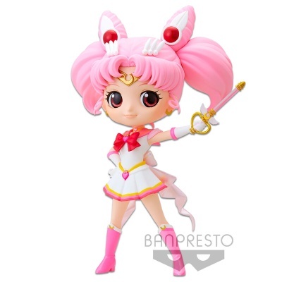 Figura colecionável com cabelo rosa e roupa branca rosa amarelo segurando varinha