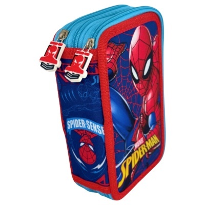 Estojo escolar azul com borda vermelha e imagem do Spider-Man