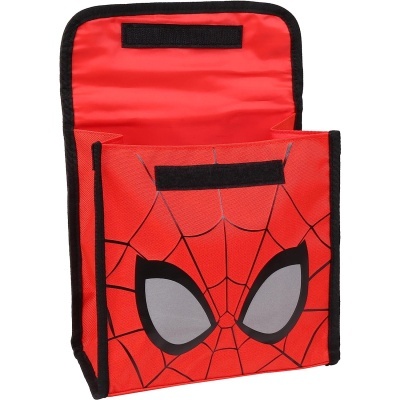 Bolsa vermelha com padrão de teia e olhos de aranha em tecido com velcro