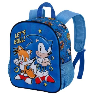 Mochila azul com desenho dos personagens Sonic e Tails e texto LET'S ROLL!