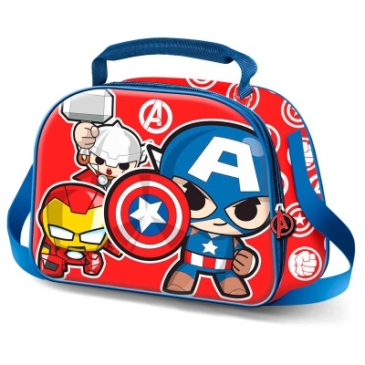 Bolsa infantil vermelha com personagens Marvel Avengers em estilo cartoon