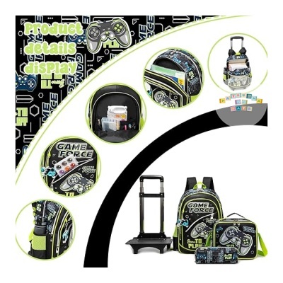 Conjunto escolar de mochila com rodinhas, estojo e saco com design de videojogo em preto e verde.