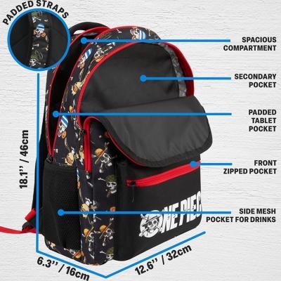 Mochila preta com padrão de caveiras coloridas e detalhes vermelhos