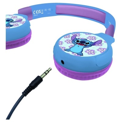 Auriculares infantis azuis e roxos com personagem Stitch e cabo jack 3.5mm