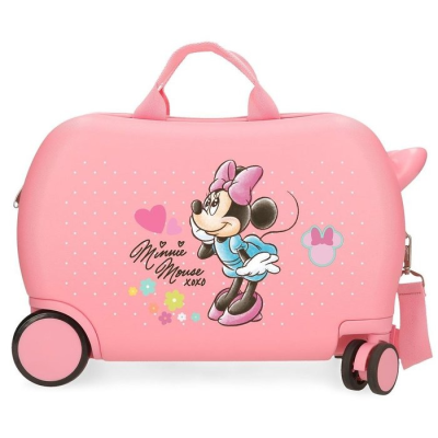 Mala de viagem infantil rosa com imagem da Minnie Mouse e texto