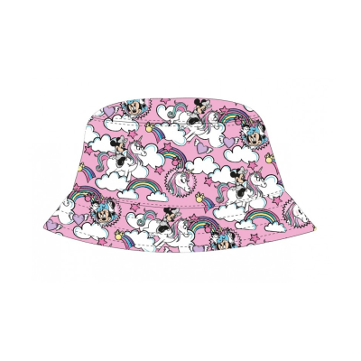 Chapéu balde rosa com estampado de nuvens, arco-íris, unicórnios e personagens de desenhos animados