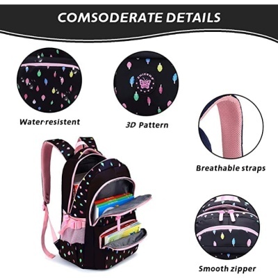 Mochila preta com padrão colorido de gotas e alças respiráveis cor-de-rosa