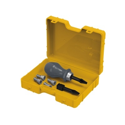 Conjunto de ferramentas com cabo cinzento e adaptadores dentro de estojo amarelo aberto