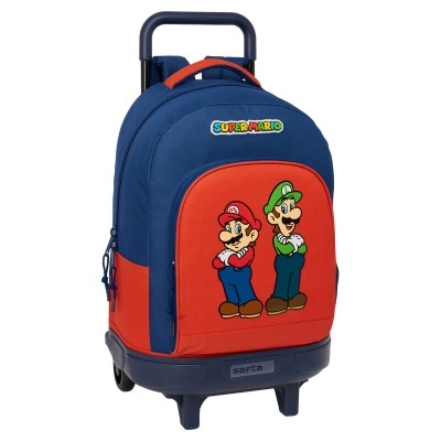 Mochila infantil azul e vermelha com personagens Mario e Luigi e texto SUPERMARIO