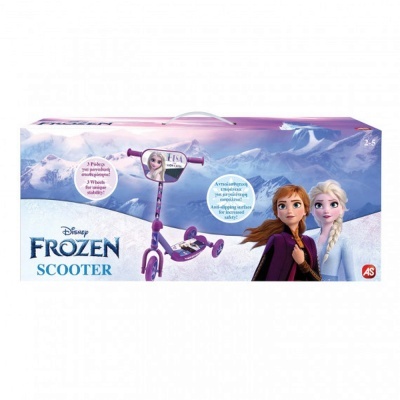 Scooter infantil Disney Frozen roxa com 3 rodas e personagens da Disney na embalagem