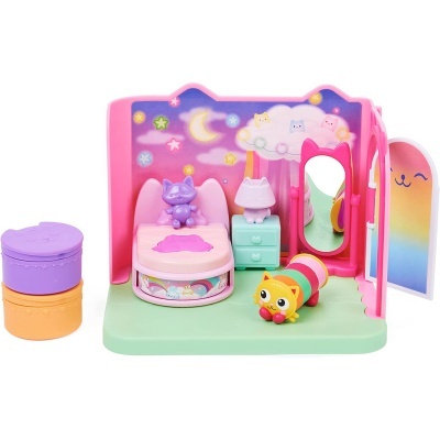 Conjunto de brinquedo com cama, mesa de cabeceira, espelho e acessórios coloridos