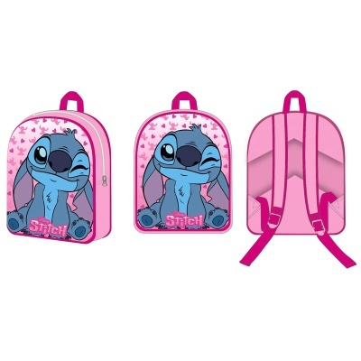 Mochila rosa com imagem do Stitch piscando e alças ajustáveis
