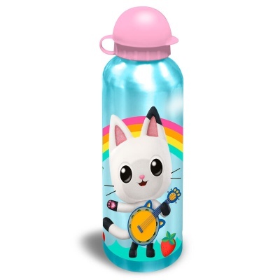 Garrafa metálica azul com tampa rosa e desenho de gato a tocar guitarra