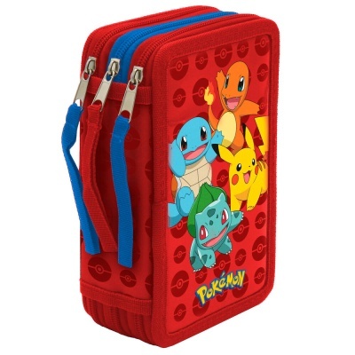 Estojo escolar vermelho Pokémon com personagens Charmander, Squirtle, Pikachu e Bulbasaur
