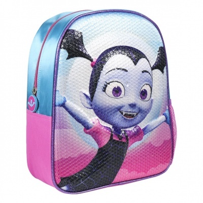 Mochila infantil colorida com personagem animada de vampira