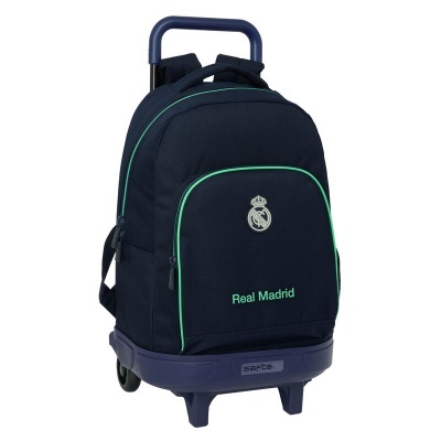 Mochila de rodinhas azul escuro com detalhes verdes e logótipo Real Madrid
