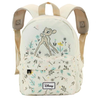 Mochila infantil branca com estampado floral e personagem Bambi da Disney