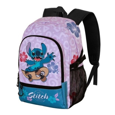 Mochila infantil rosa e azul com a personagem Stitch e flores