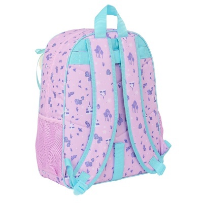 Mochila cor-de-rosa com padrão roxo e detalhes azuis claros vista de trás