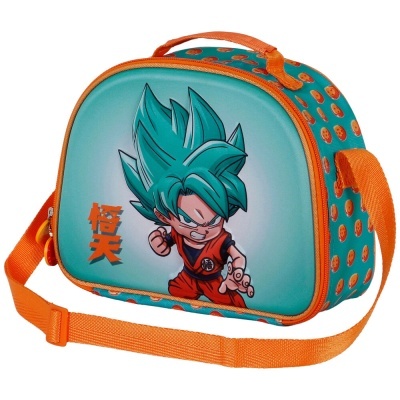 Mala infantil azul turquesa com personagem de desenho animado e detalhes laranja