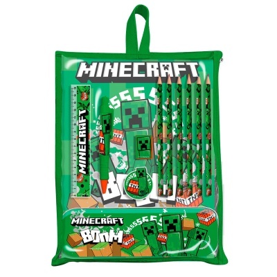 Conjunto escolar Minecraft verde com régua, borracha, lápis, caneta embalados
