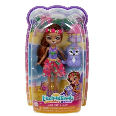 Boneca Enchantimals Sunshine Beach com figura de lontra em embalagem plástica