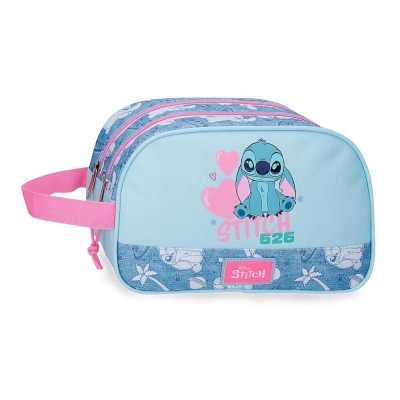 Necessaire azul clara com desenho do Stitch e corações rosa