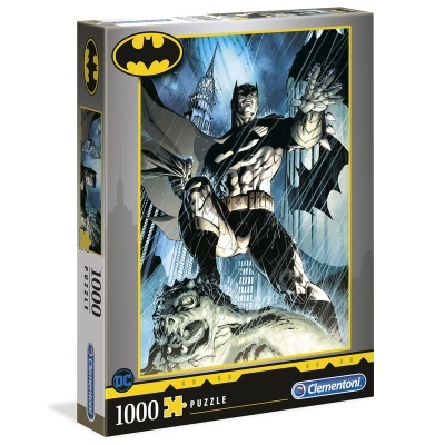Caixa de puzzle de 1000 peças com imagem do Batman em tons escuros.
