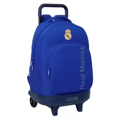 Mochila azul com rodas e logotipo do Real Madrid