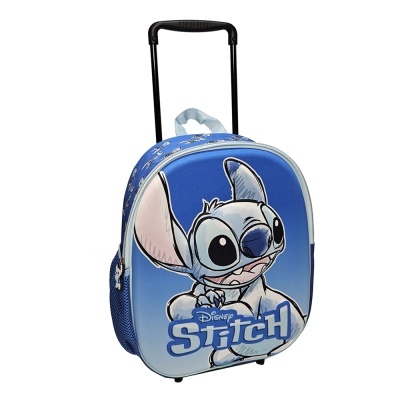 Mala de viagem infantil azul com imagem do Stitch da Disney e rodas