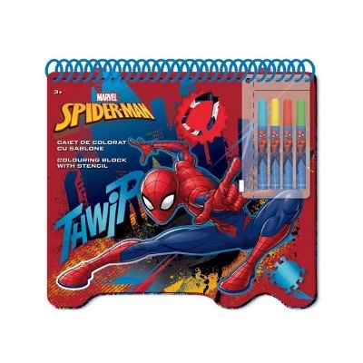Bloco de colorir Spider-Man com canetas coloridas e estêncil