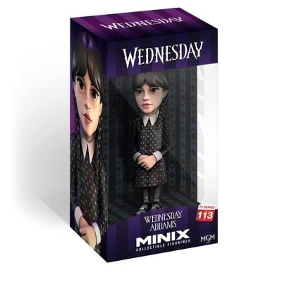 Figura colecionável da personagem Wednesday Addams dentro de embalagem roxa com texto Wednesday, Minix, TV Series 113 e MGM.