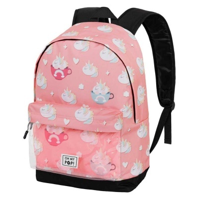 Mochila rosa com estampado de unicórnios em chávenas e bolso frontal