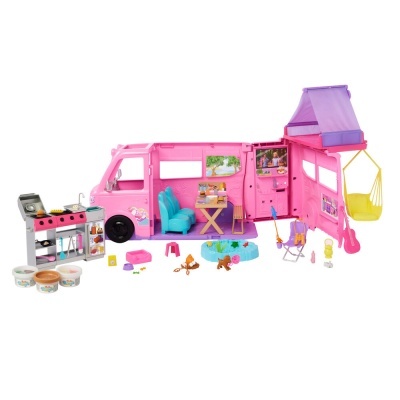 Brinquedo autocaravana Barbie cor-de-rosa com interiores e acessórios coloridos